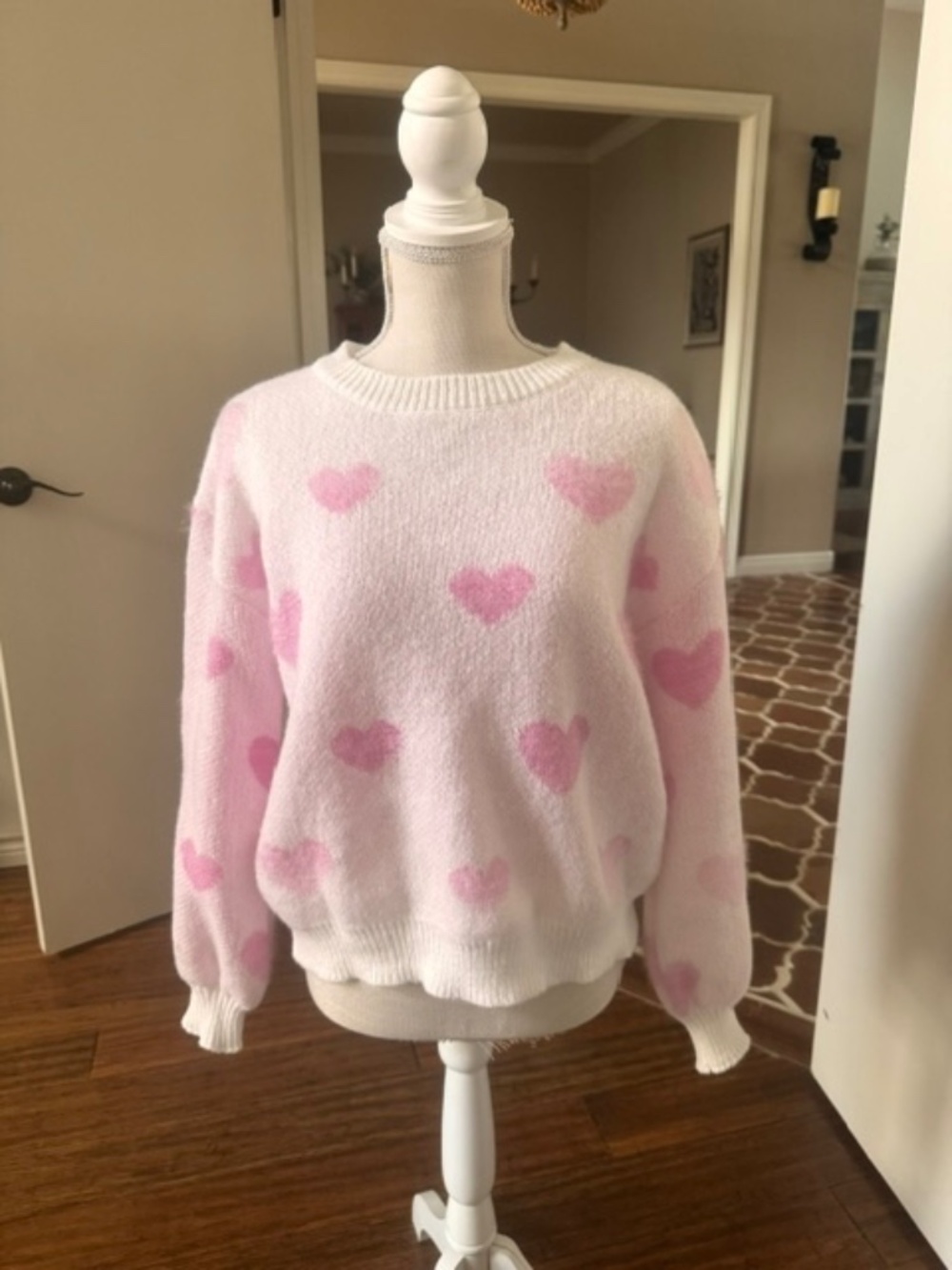 Pink & White Fuzzy Heart Print Crewneck Sweater Size S
